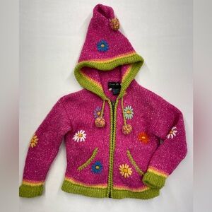 Pink and Green wool Hooded Sweater with Floral Accents